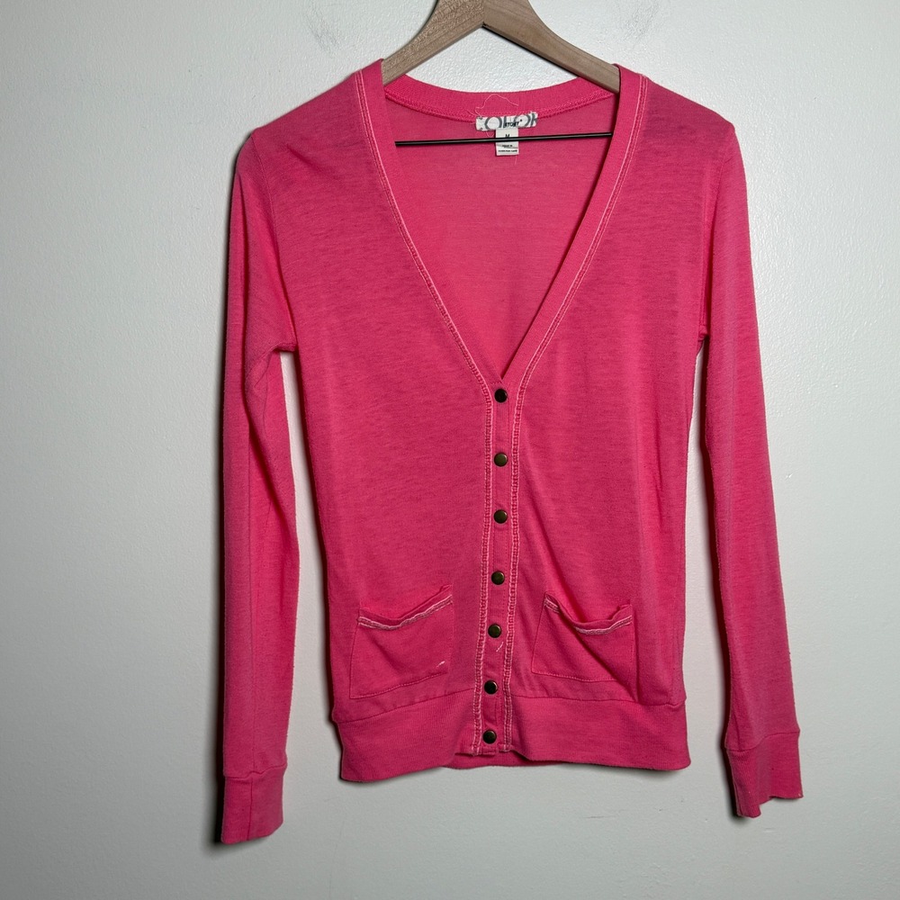 Color Story Womens Cotton Cardigan Sweater M Pink V-Neck Pockets Barbie Bright